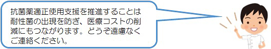 抗菌薬適正使用支援を推進することは耐性菌の出現を防ぎ、医療コストの削減にもつながります。どうぞ遠慮なくご連絡ください。